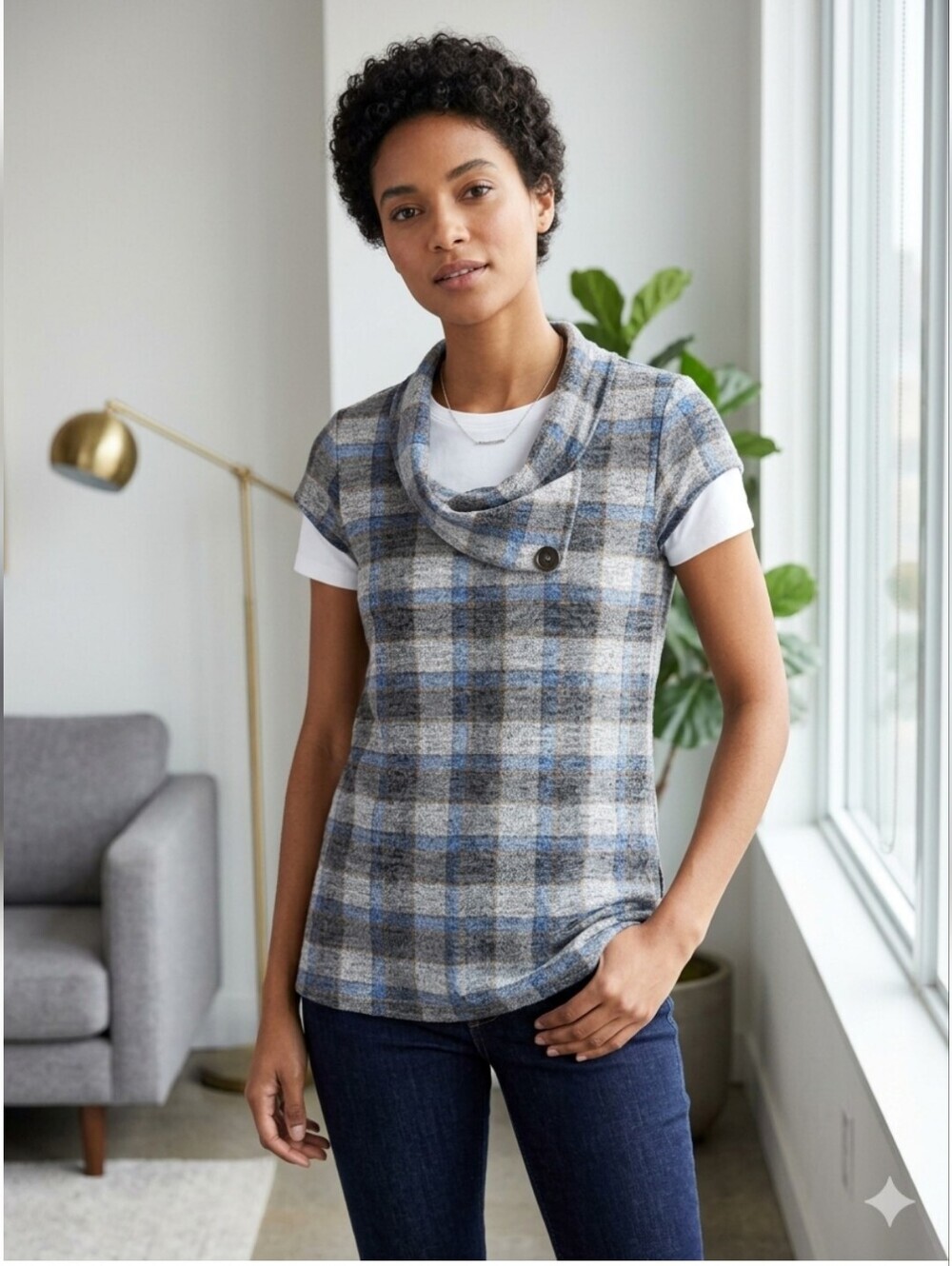 Ricki's Plaid Cowl Neck Knit Top in Blue and Gray - Size M BNWOT